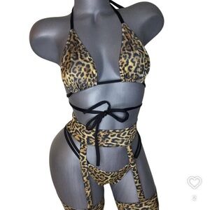 Leopard Print Halter Thong Bikini Set w Garter